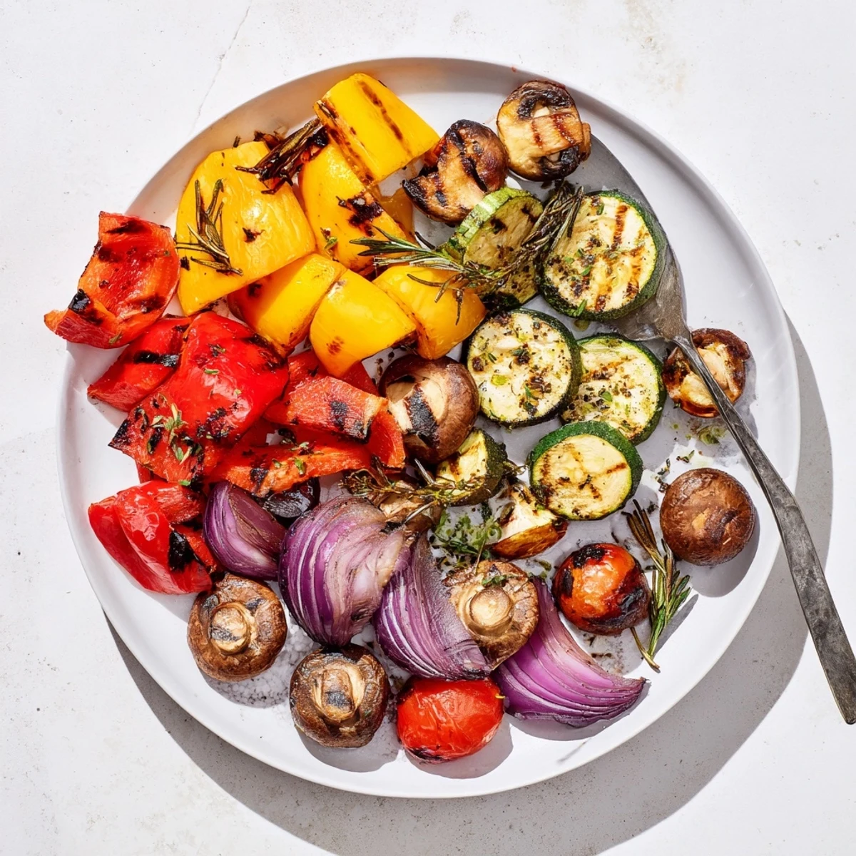 Sizzling platter of grilled vegetables coated in herb marinade, perfect for summer barbecues
