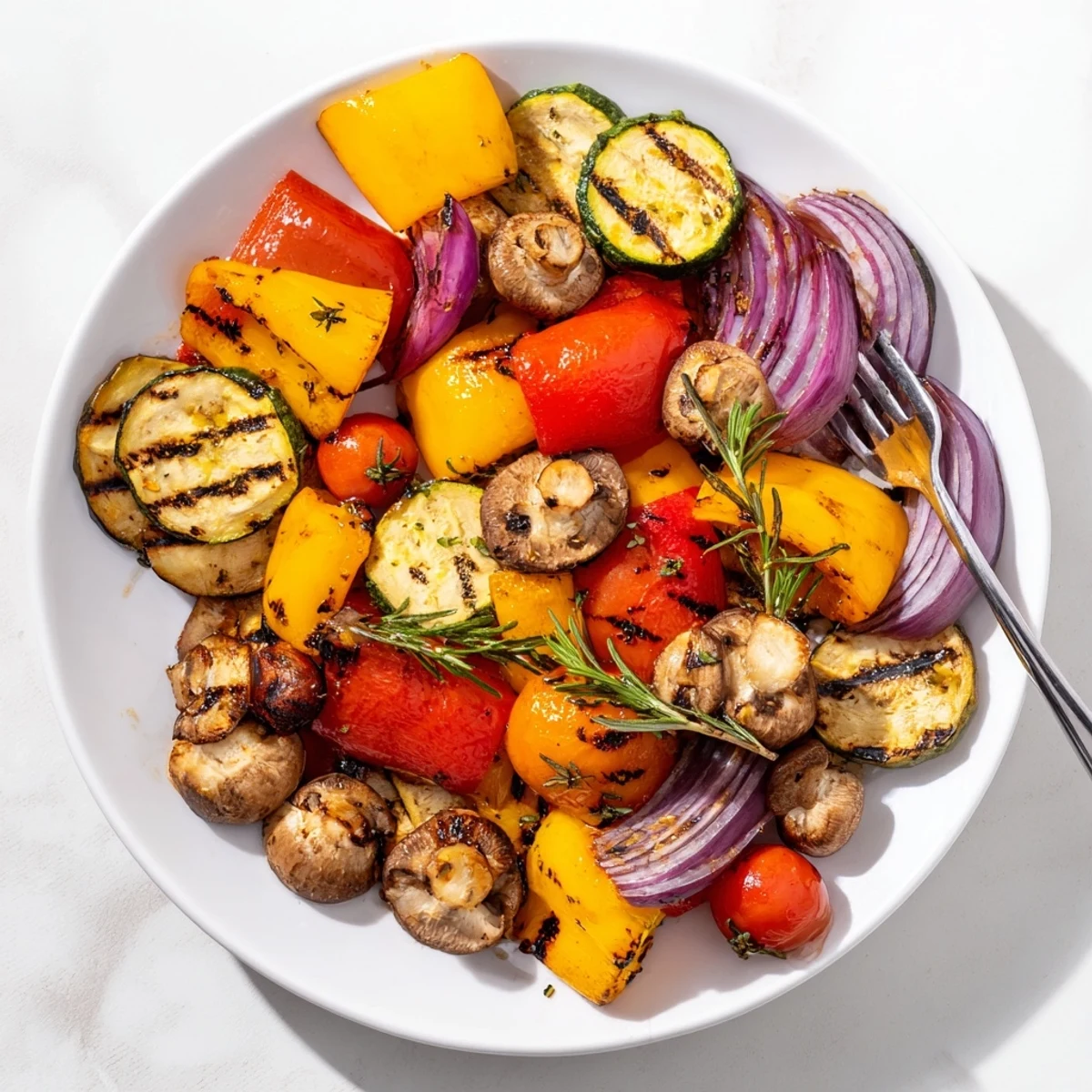Fresh summer vegetables grilled to smoky perfection, drizzled with tangy balsamic herb dressing