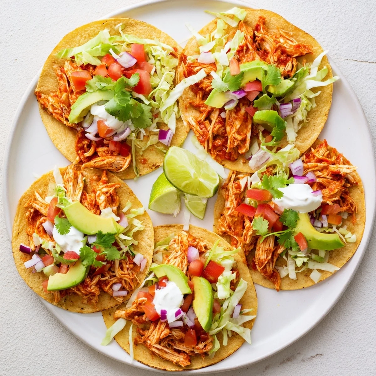 Mouthwatering slow cooker chicken tacos recipe topped with vibrant lettuce cheese avocado and zesty lime
