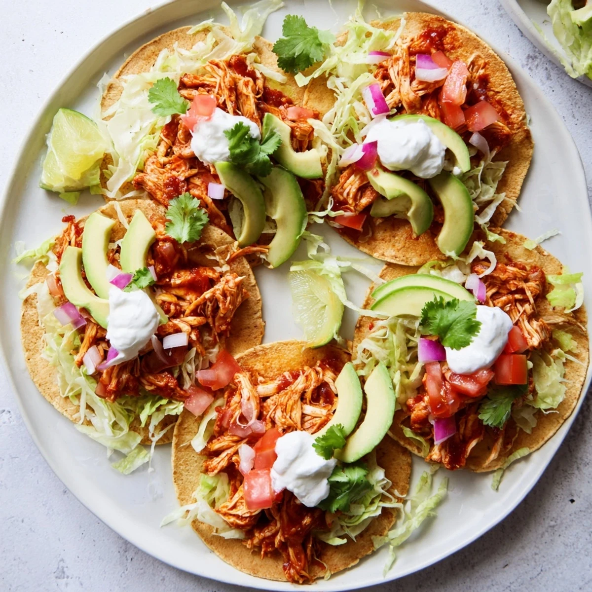 Colorful plate of slow cooker chicken tacos recipe with warm tortillas loaded with juicy spiced chicken