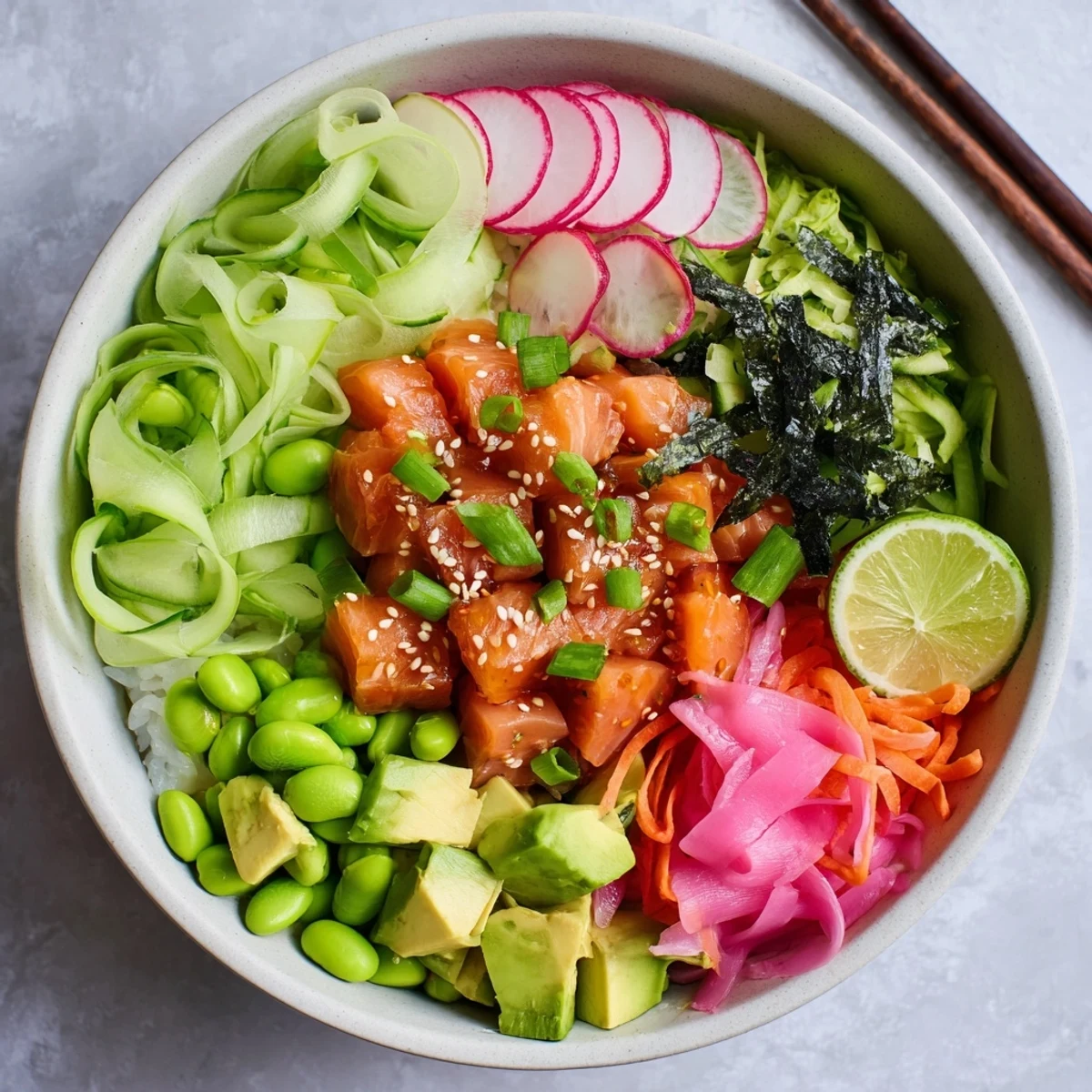 Healthy salmon and avocado poke bowl topped with colorful vegetables and sesame seeds