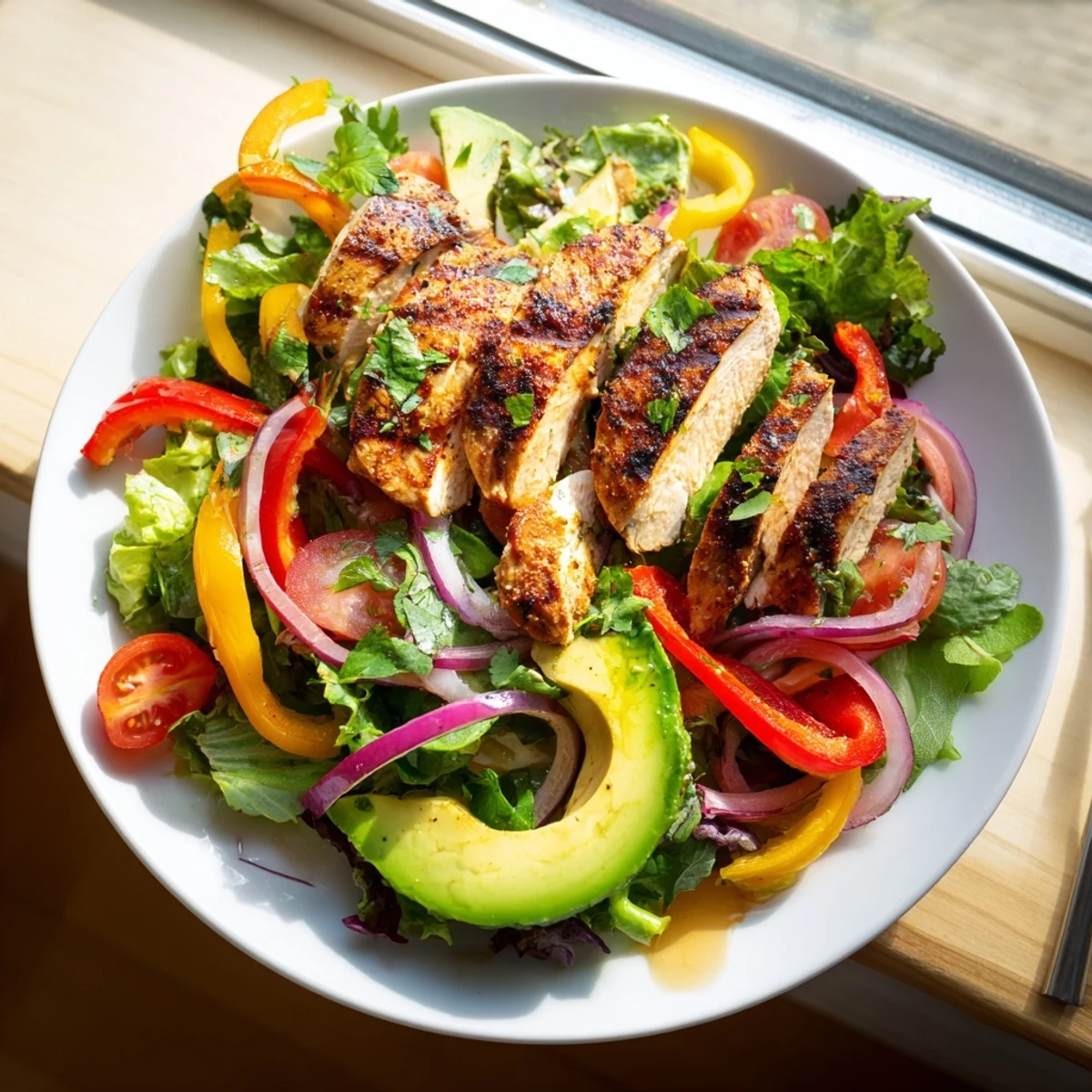 Juicy fajita-spiced chicken strips atop this Tex-Mex grilled chicken fajita salad recipe featuring crisp vegetables and zesty lime dressing