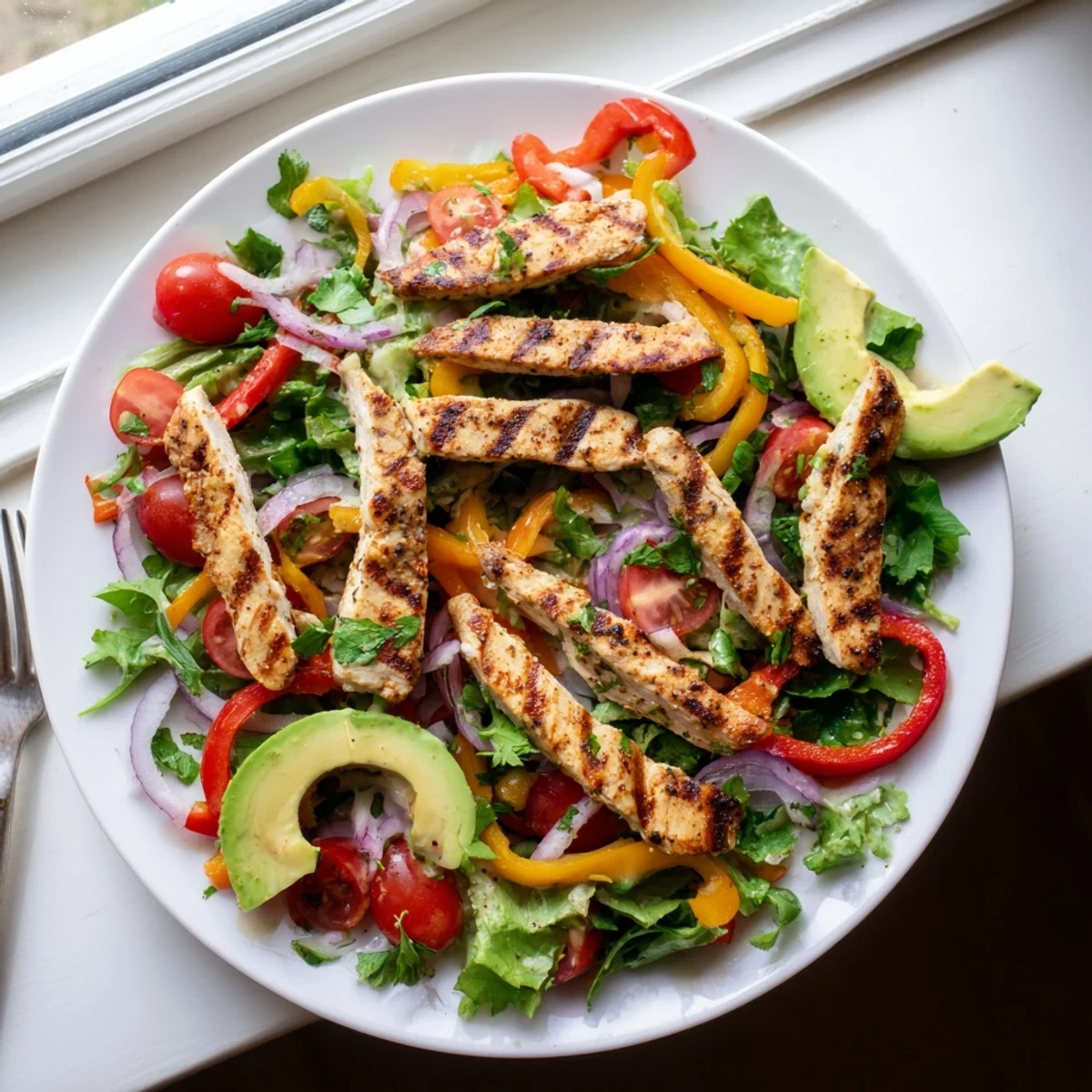 Vibrant grilled chicken fajita salad recipe with colorful bell peppers, sliced avocado, and fresh cilantro on a bed of crisp mixed greens