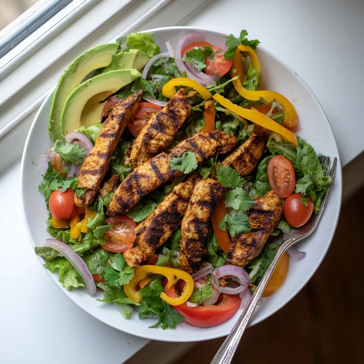 Colorful bowl of grilled chicken fajita salad recipe with marinated chicken breast, red onions, cherry tomatoes, and creamy avocado slices