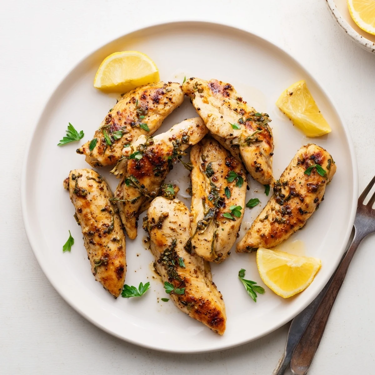 Golden brown grilled chicken breasts with herb marinade char marks on a white plate