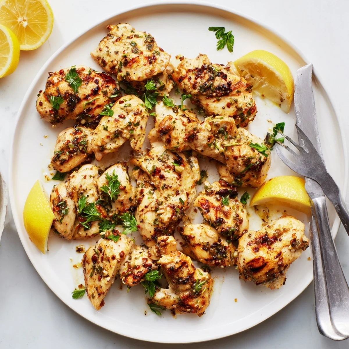 Perfectly cooked grilled chicken resting on a cutting board with charred grill lines visible