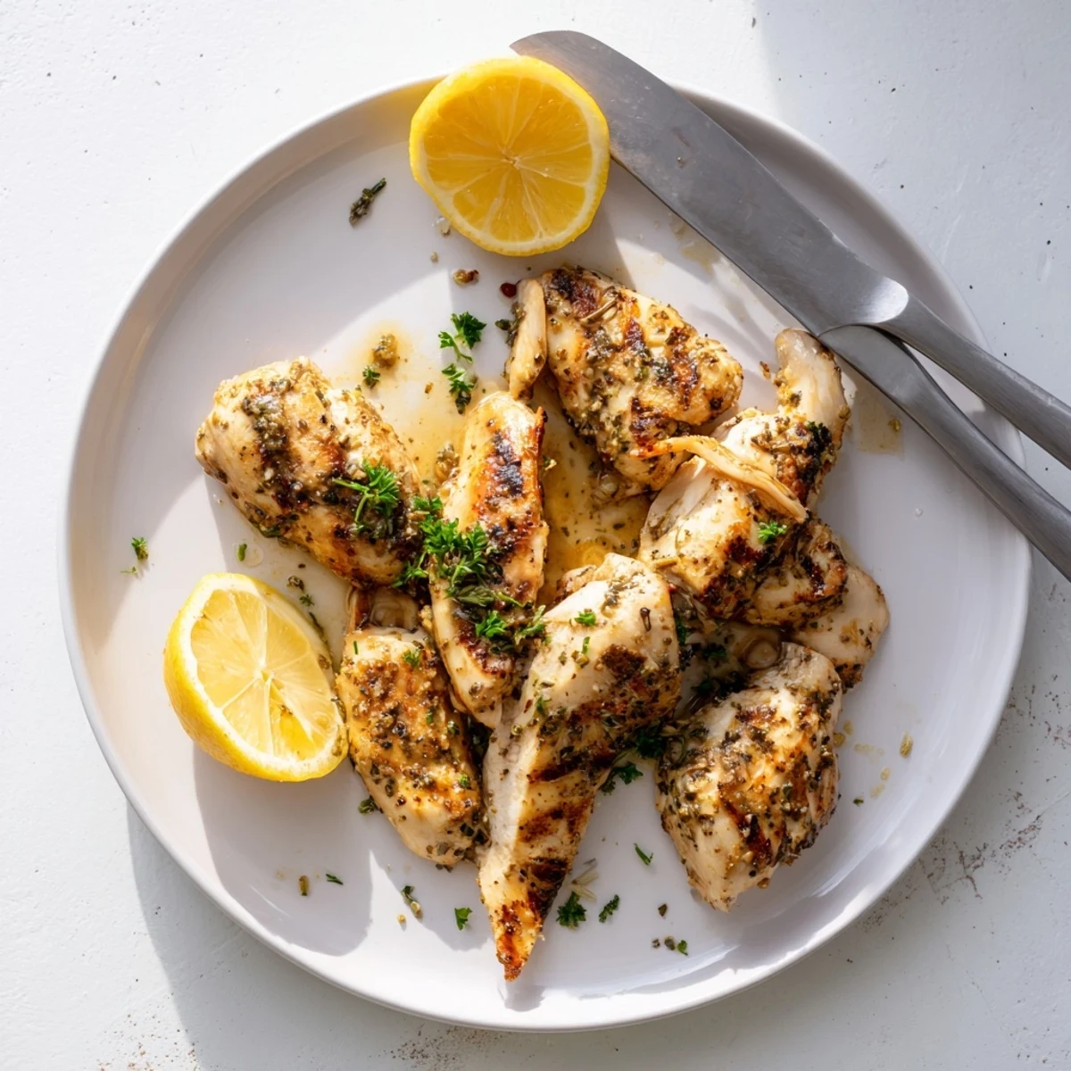 Juicy marinated grilled chicken recipe garnished with fresh parsley and lemon wedges for serving