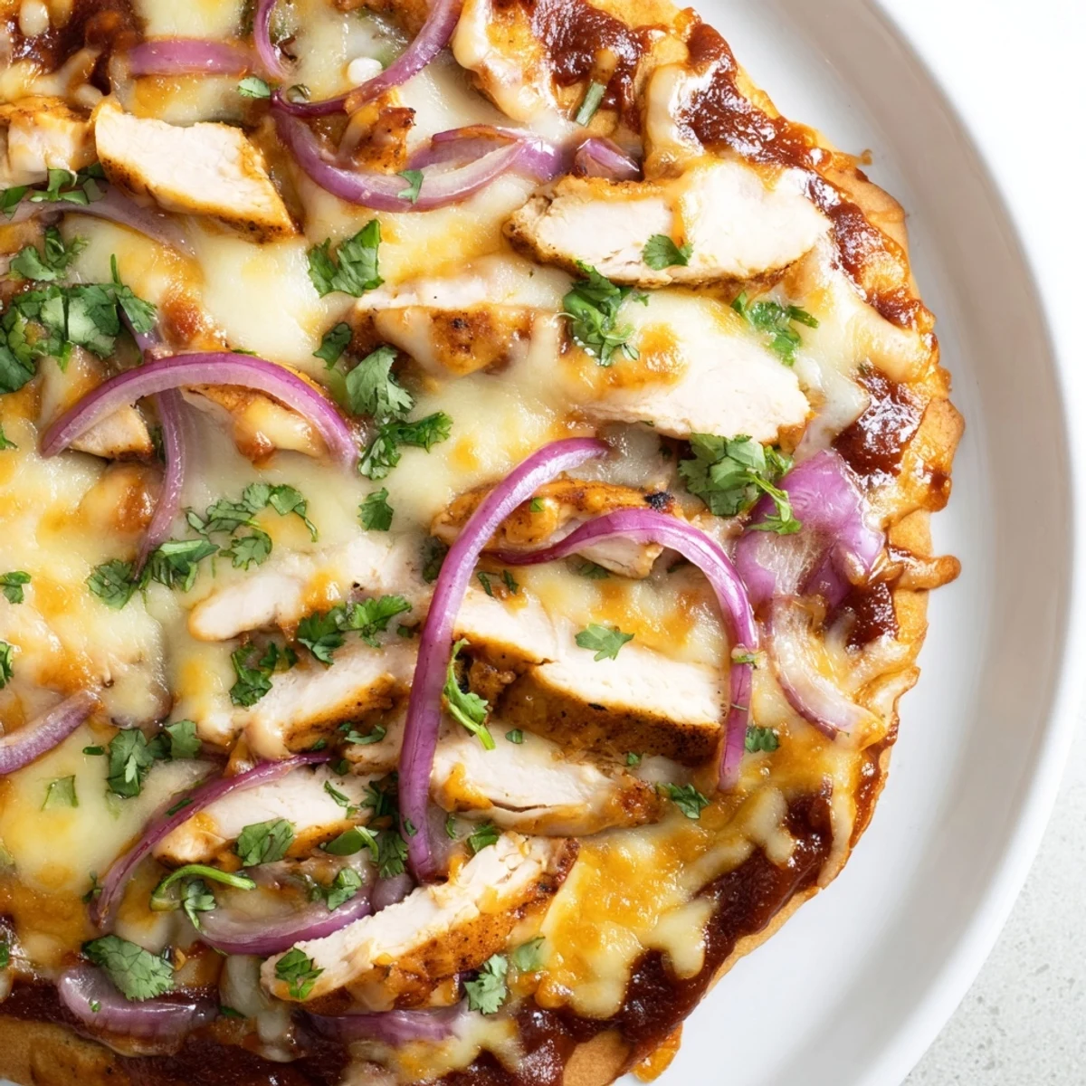 Golden grilled BBQ chicken pizza topped with melted cheese and red onion slices