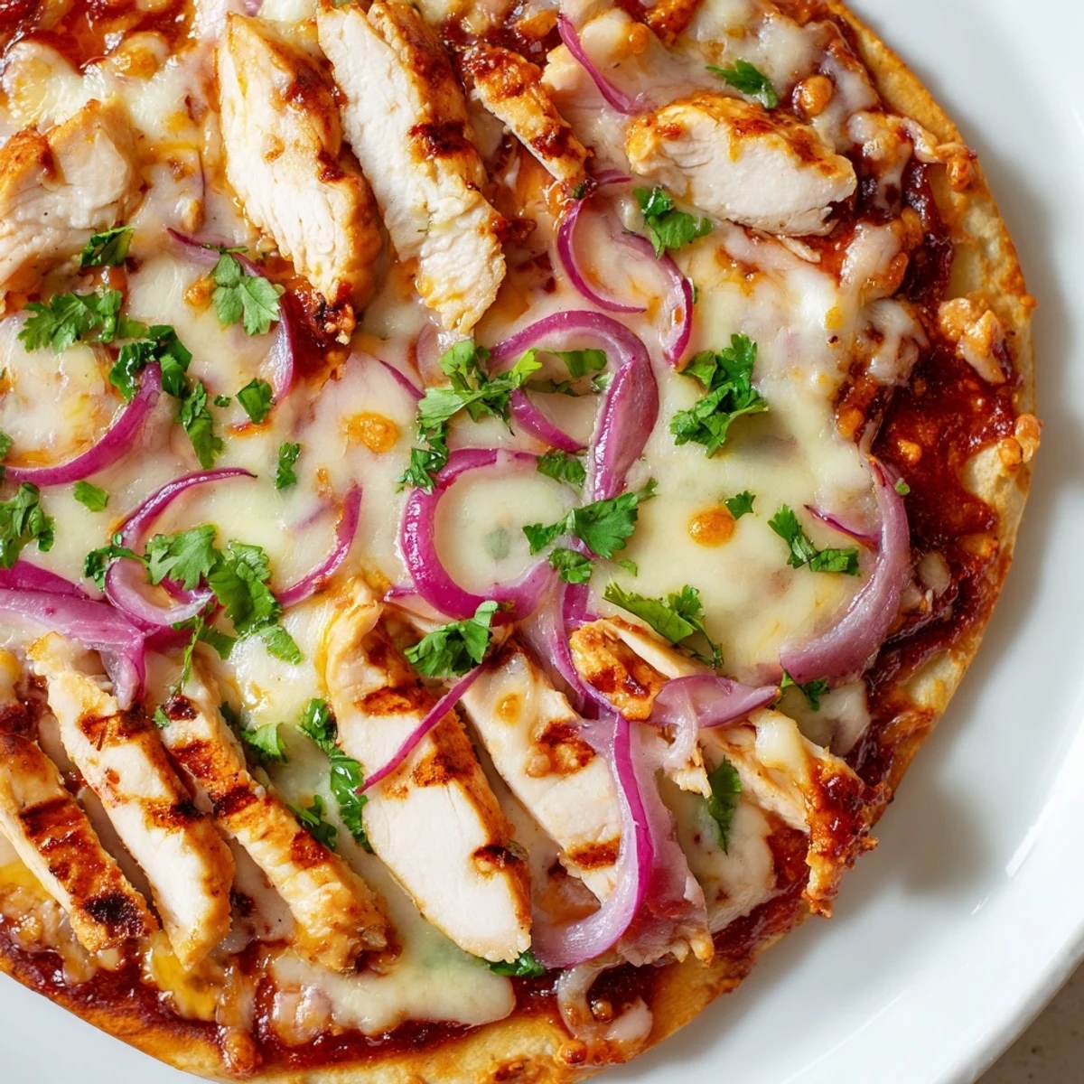 Savory grilled BBQ chicken pizza with smoky gouda and fresh cilantro garnish