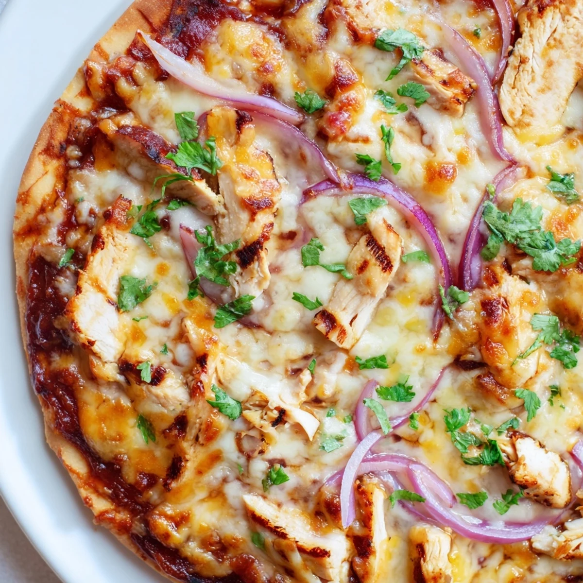 Homemade grilled BBQ chicken pizza featuring tangy sauce and perfectly crisp crust