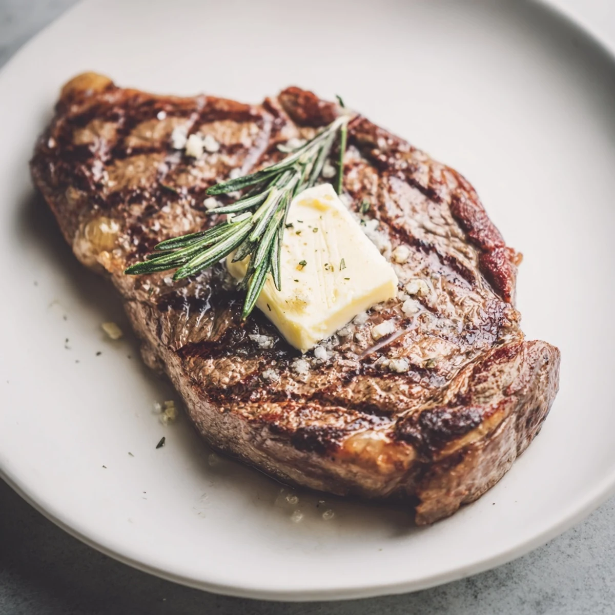 Perfectly grilled juicy steak with caramelized grill marks resting on a wooden cutting board