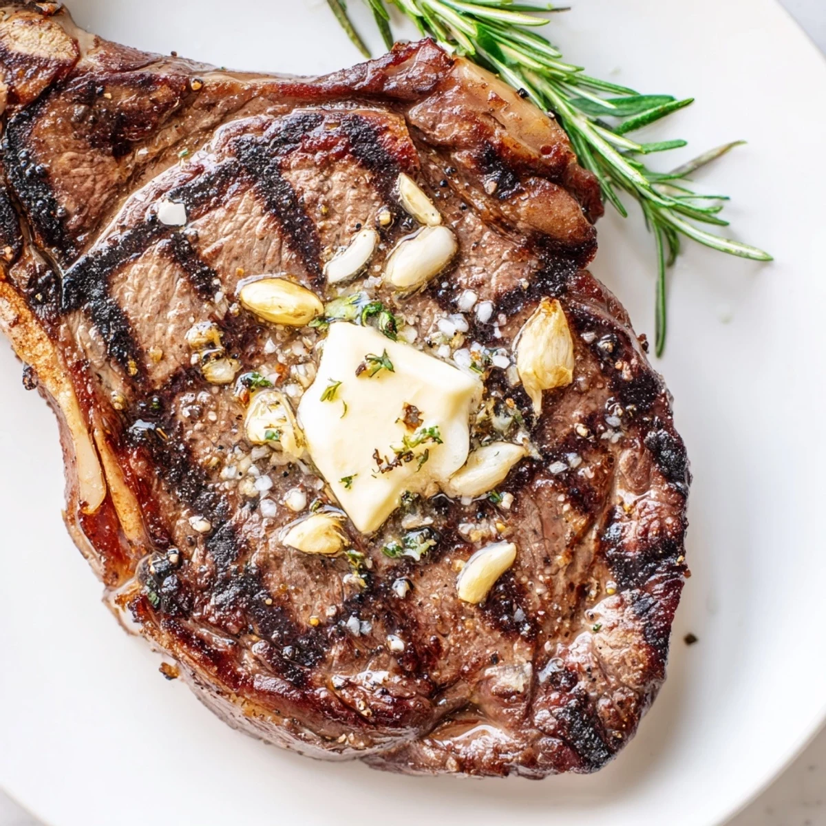 Succulent boneless beef steak seasoned with garlic and herbs plated with fresh lemon wedges