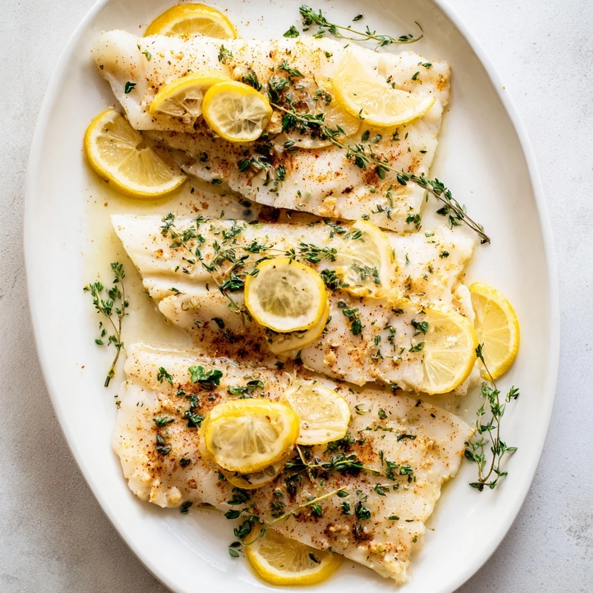 Golden baked cod fillets with fresh lemon slices, garlic, and green herbs on a white baking dish