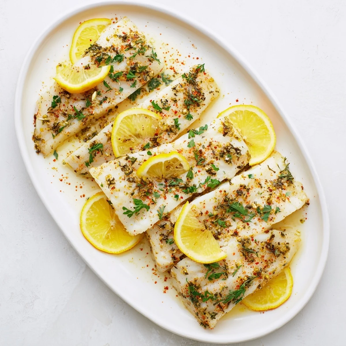 Tender baked cod fish seasoned with smoked paprika and garlic, garnished with fresh herbs and citrus