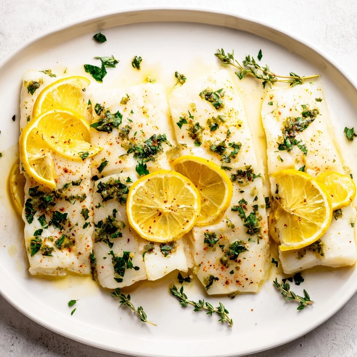 Flaky oven-baked cod topped with vibrant parsley, thyme, and lemon wedges for a healthy gluten-free dinner