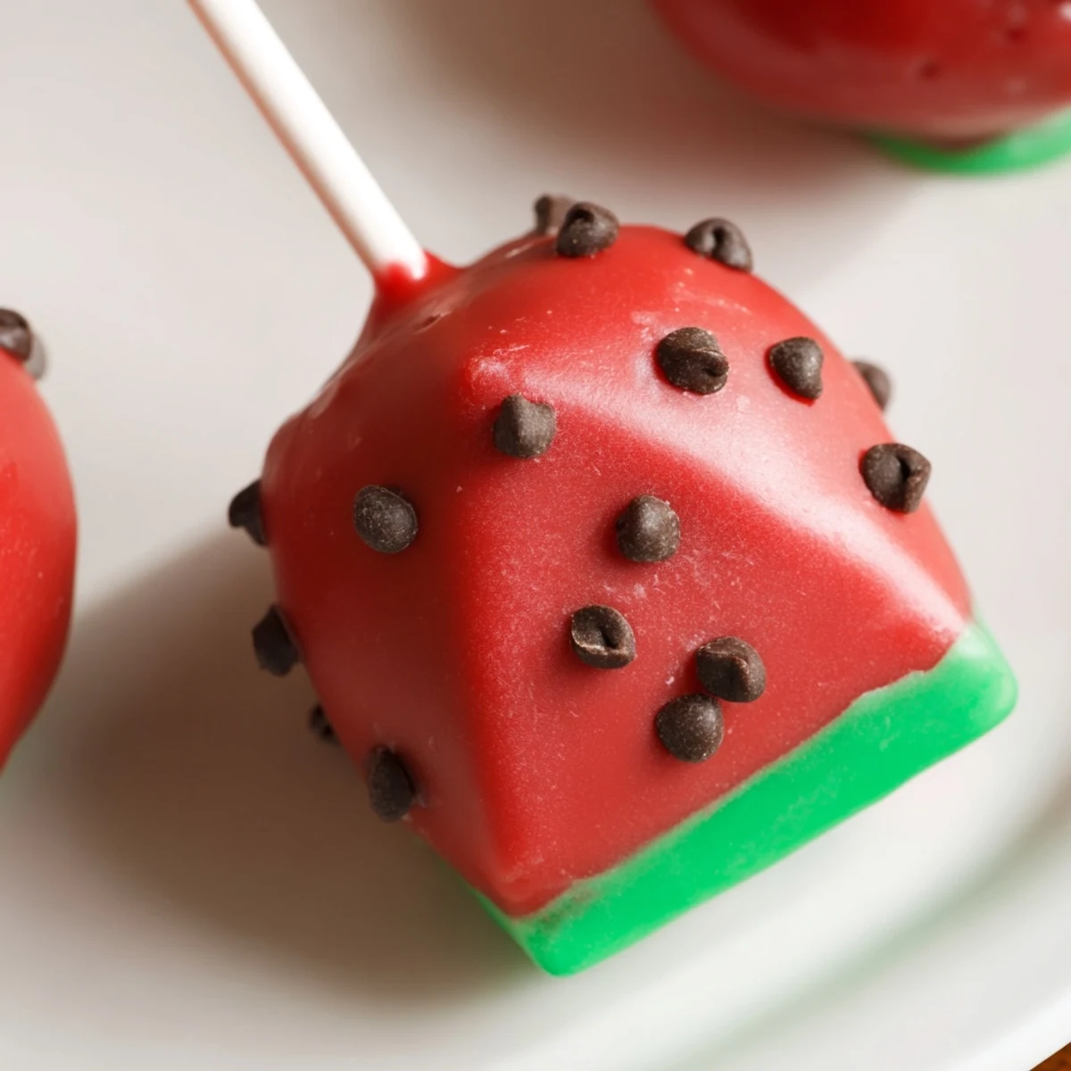 Bite-sized watermelon cake pops featuring creamy red centers dipped in pink and green candy coating