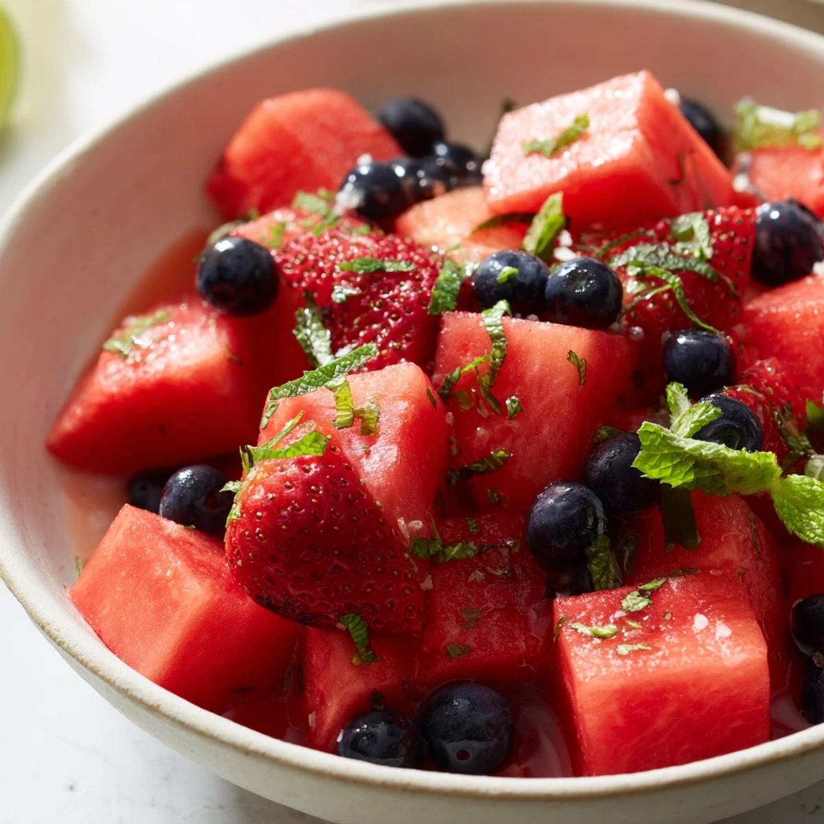 Fresh watermelon fruit salad bowl with strawberries, blueberries, mint, and lime zest drizzle