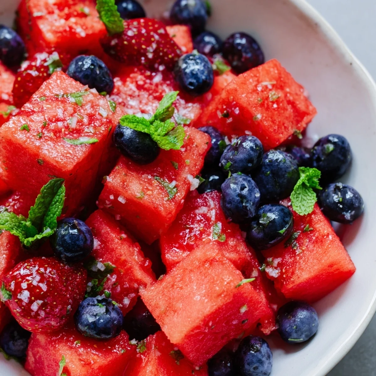 Colorful summer watermelon recipe featuring mixed berries, fresh mint garnish, and citrus honey dressing