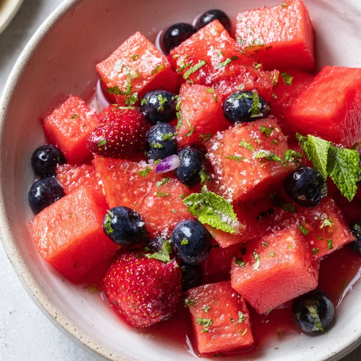 Chilled watermelon fruit salad in white bowl topped with mint leaves and juicy berries