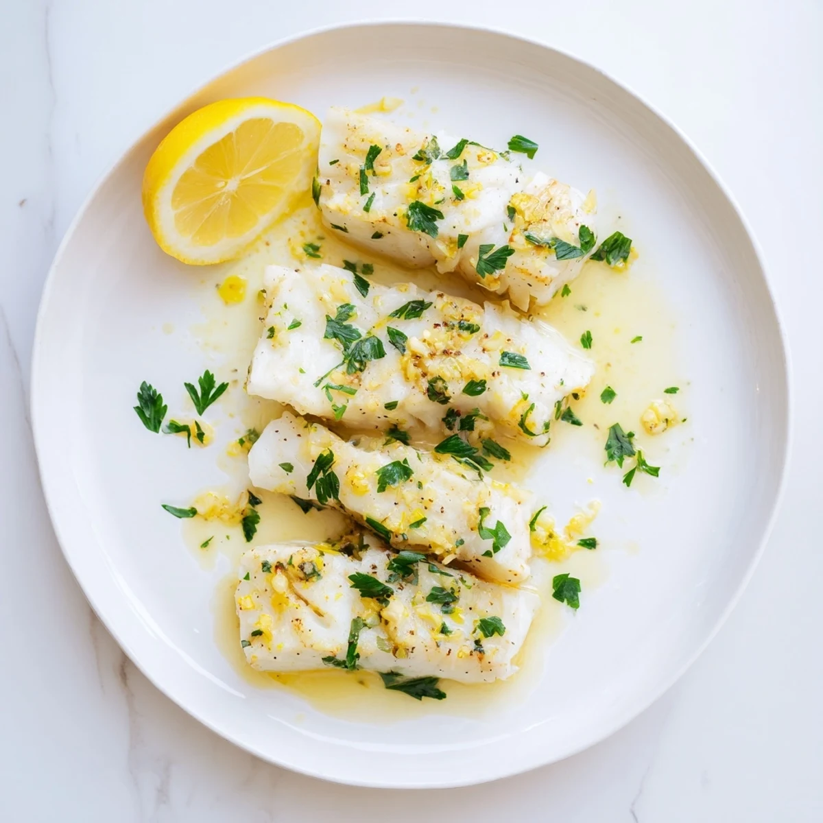 Golden pan-seared cod fillets drizzled with creamy lemon garlic butter sauce and fresh parsley