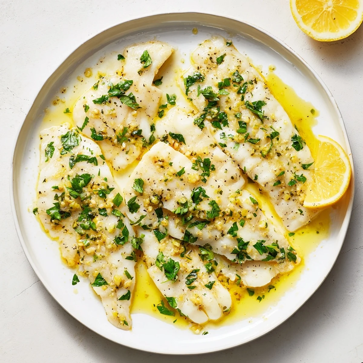 Tender cod baked to perfection in a velvety lemon garlic butter glaze with parsley garnish