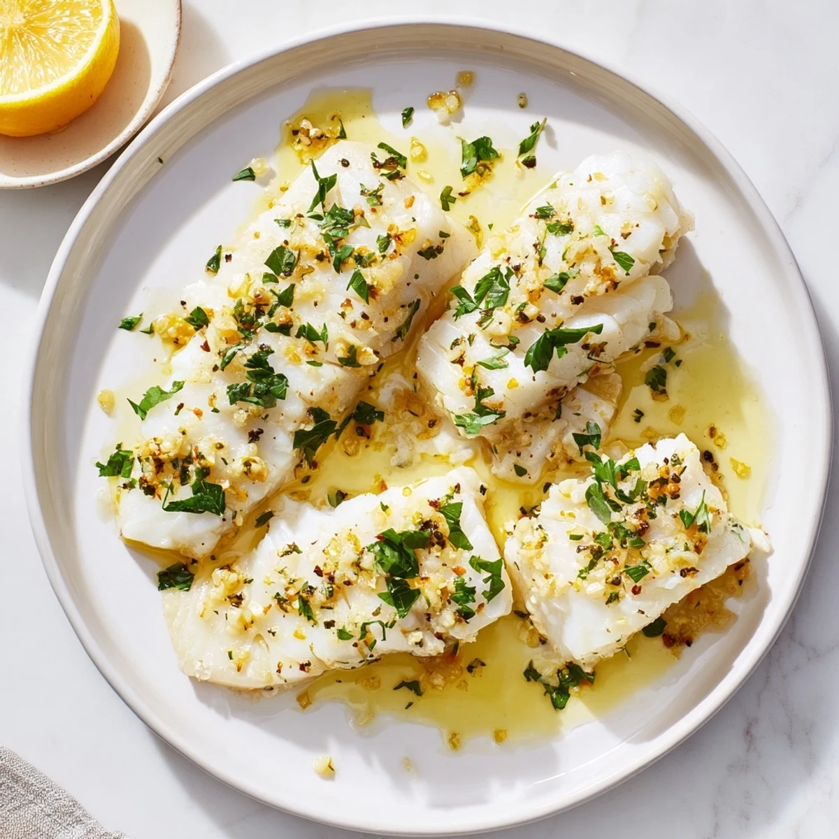 Flaky white fish simmering in rich lemon garlic butter with bright citrus zest and herbs