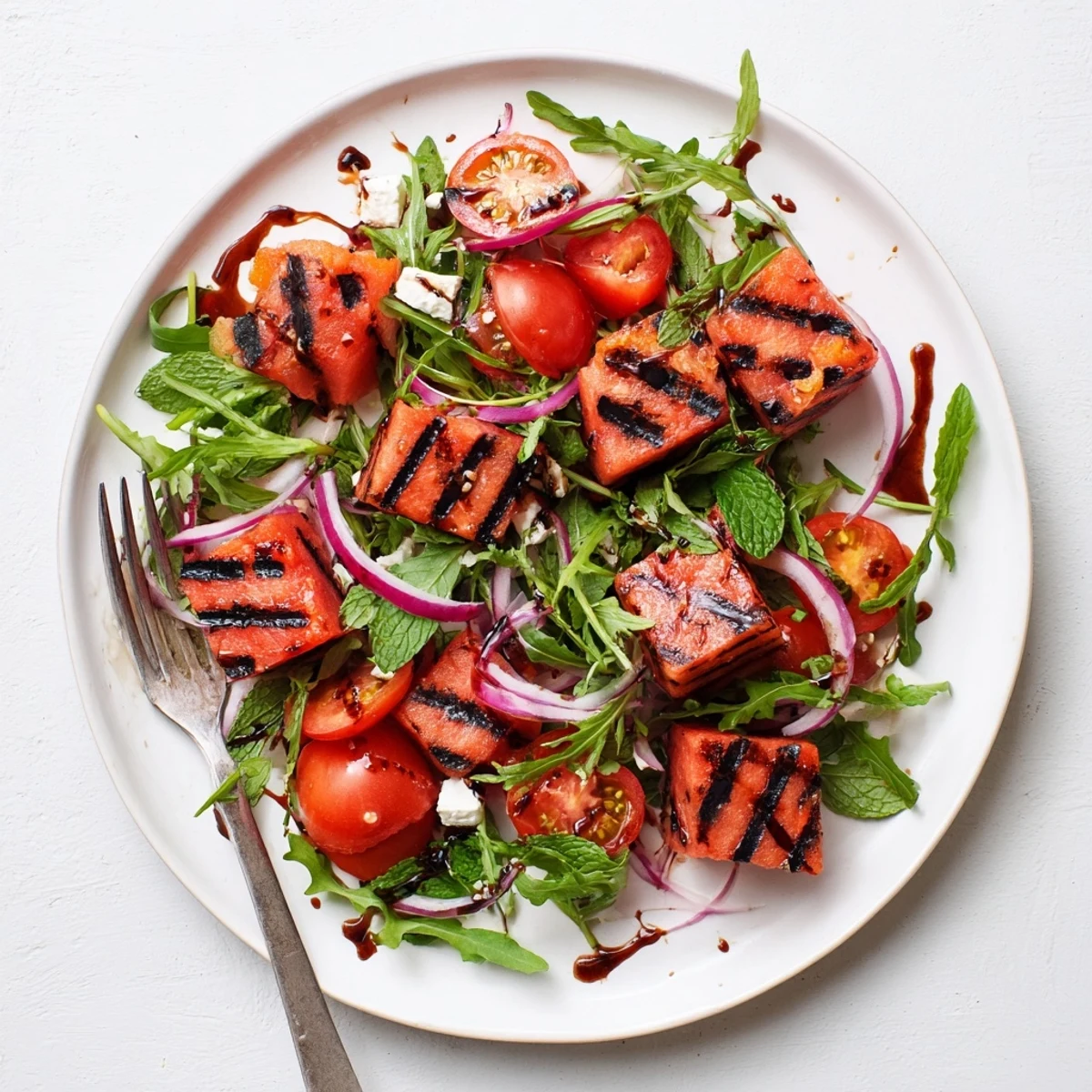 Colorful grilled watermelon salad with feta cheese, mint, and balsamic drizzle