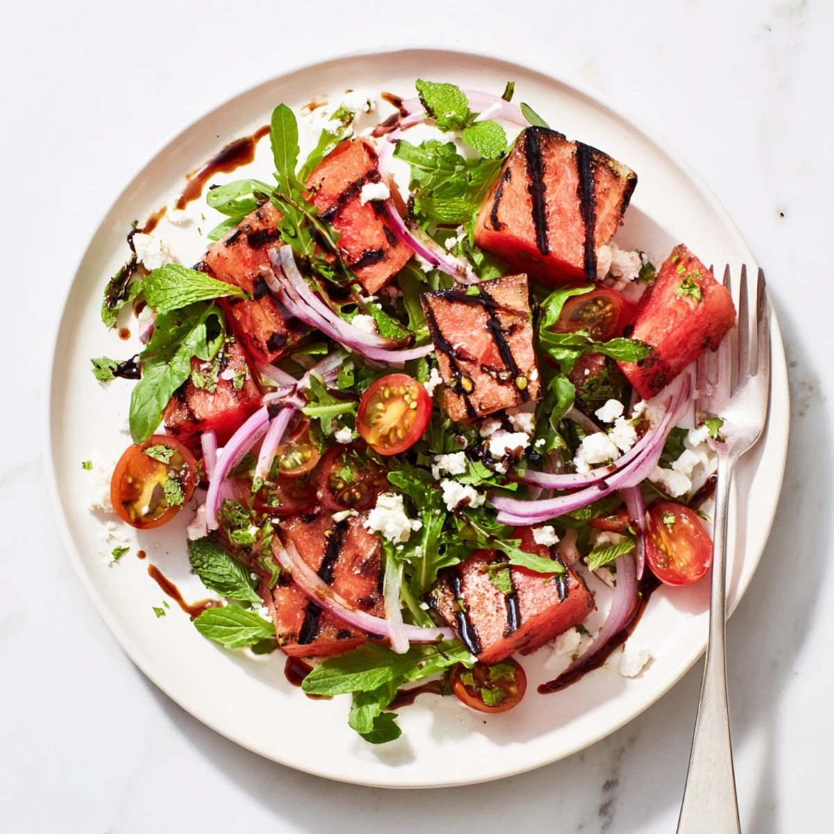 Summer salad featuring smoky charred watermelon cubes, fresh arugula, and tangy dressing