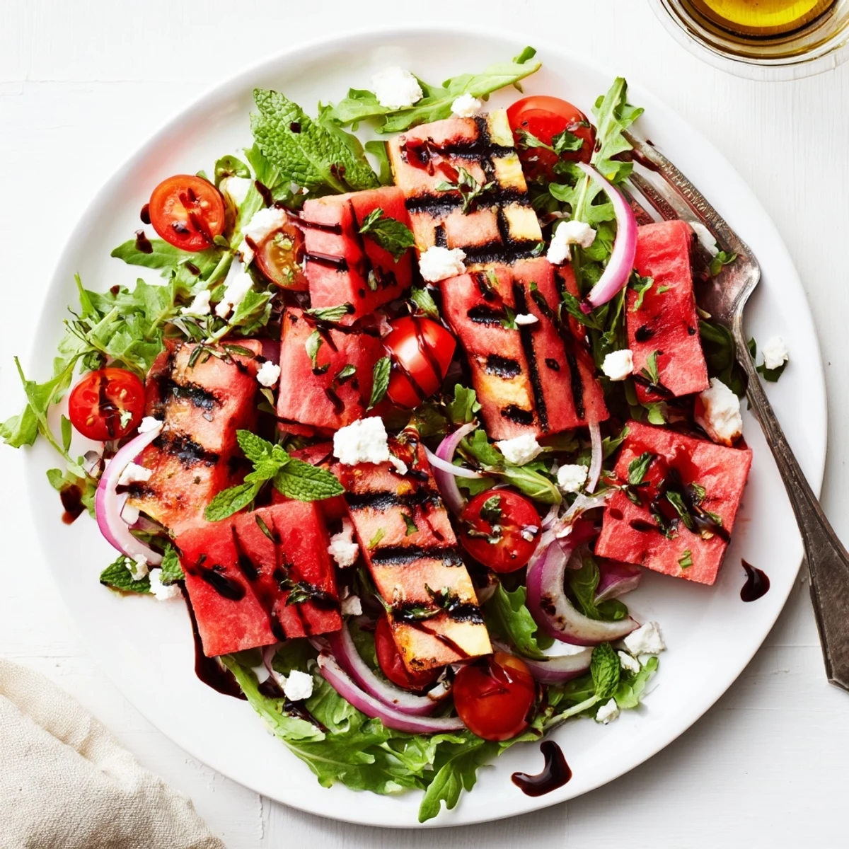 Vibrant bowl of grilled watermelon salad topped with crumbled feta and cherry tomatoes