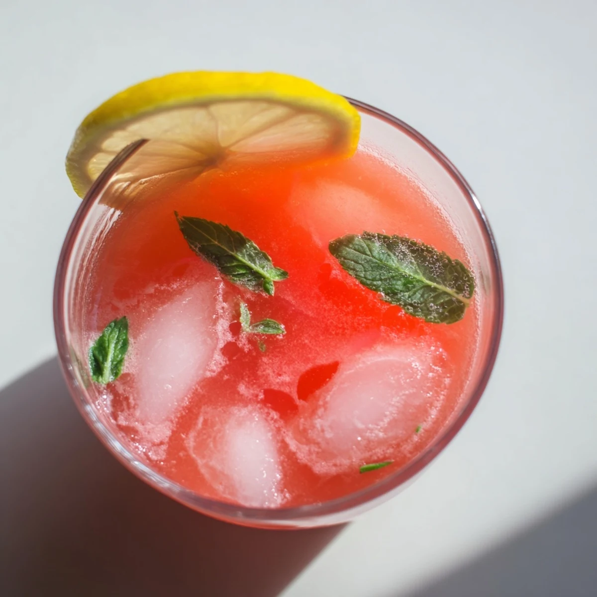 Garnished glass of watermelon lemonade with fresh mint sprig and lemon slice on ice