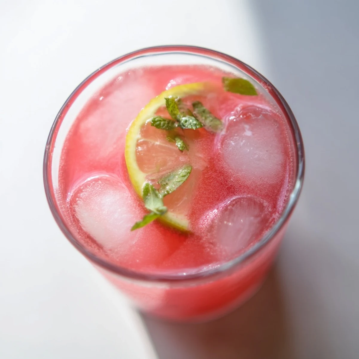 Refreshing watermelon lemonade in a mason jar with ice cubes and fresh mint