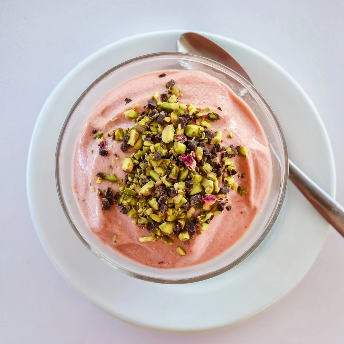 Sicilian watermelon pudding garnished with chopped pistachios and chocolate chips in clear glass serving dishes