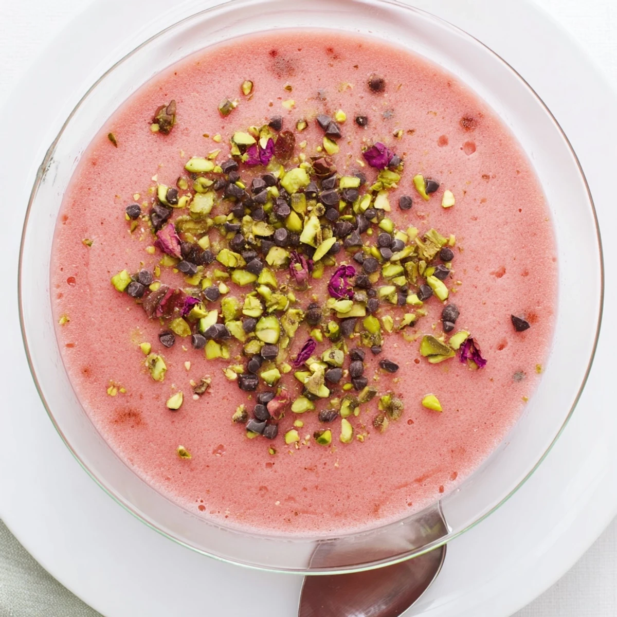 Creamy pink Gelo di Melone set in elegant glasses topped with green pistachios and dark chocolate