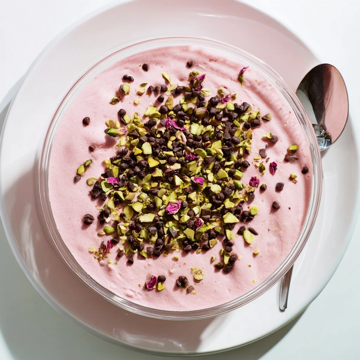 Traditional Sicilian watermelon pudding chilled in individual molds with nutty pistachio crunch and chocolate seed accents