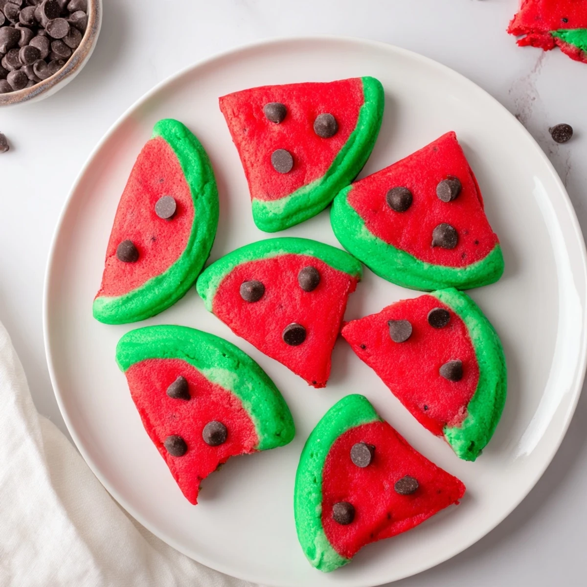 Freshly baked watermelon slice cookies arranged on a white platter with mini chocolate chip seeds
