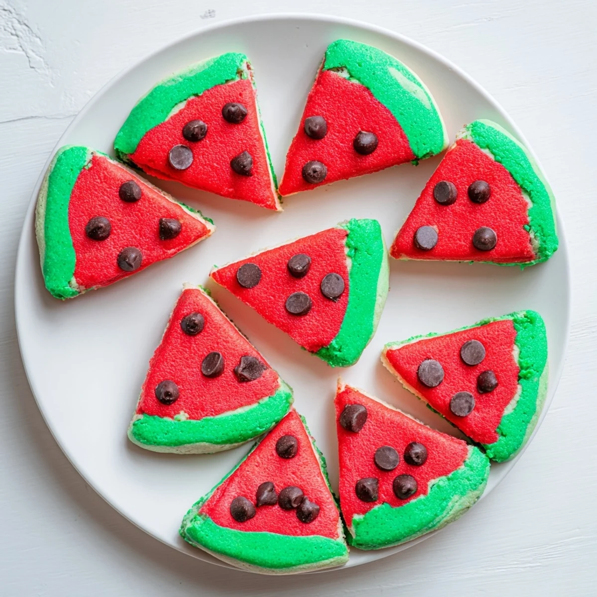 Vibrant red and green watermelon slice cookies cooling on a wire rack after baking