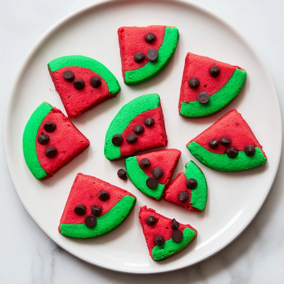 Festive summer cookies shaped like watermelon slices with green rinds and chocolate sprinkle seeds