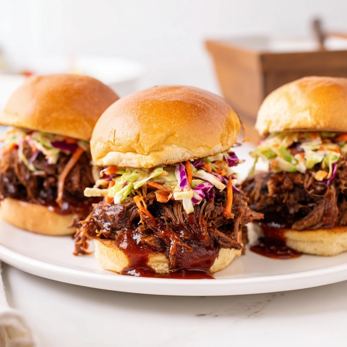 Tender BBQ pulled beef sliders piled high on toasted brioche buns with crisp coleslaw