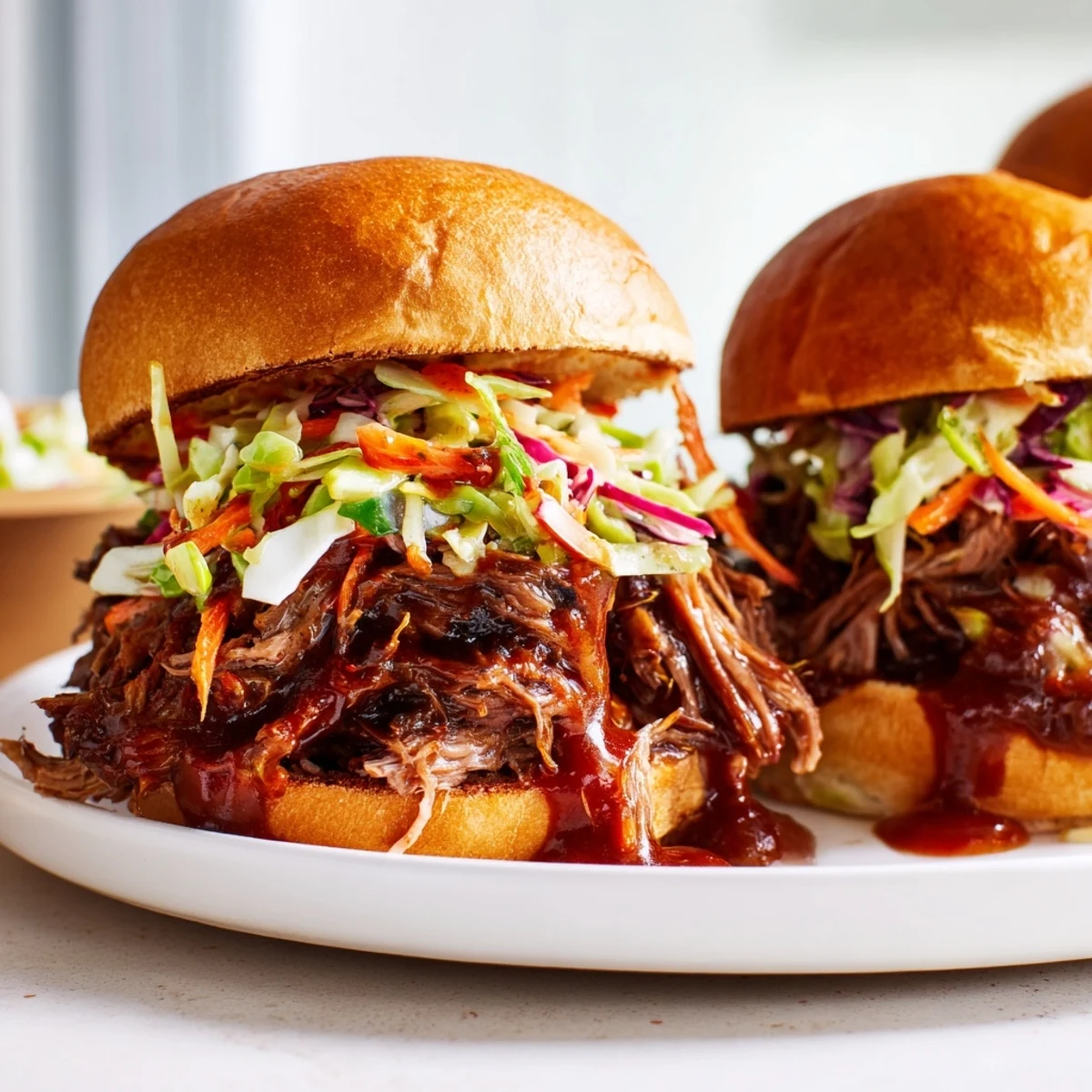 Smoky BBQ pulled beef sliders with colorful crunchy coleslaw on golden brioche buns