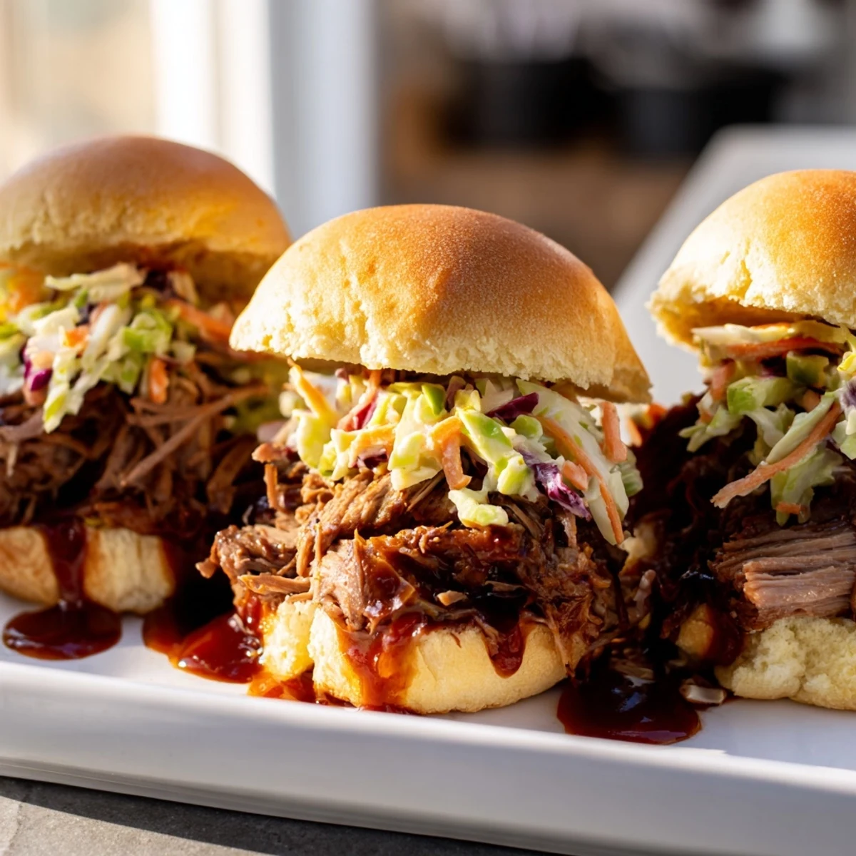 Golden brioche BBQ pulled beef sliders topped with fresh coleslaw and extra sauce