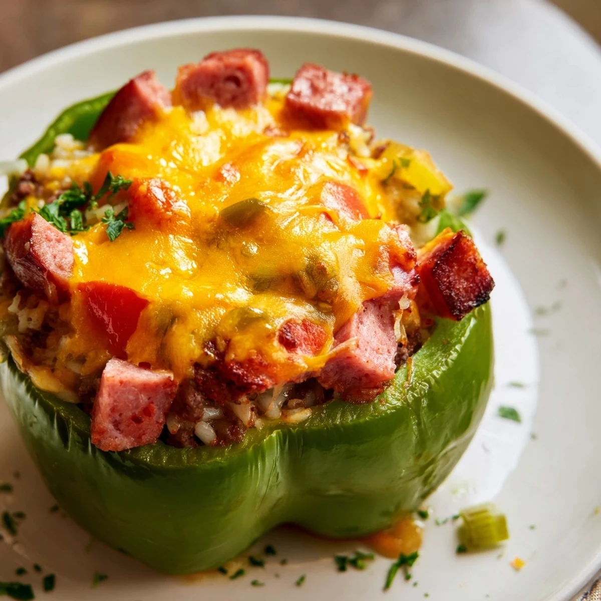 Vibrant red and green bell peppers overflowing with savory kielbasa beef and rice mixture topped with cheddar