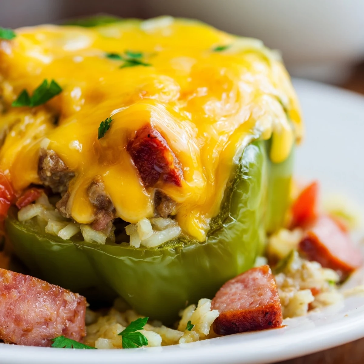 Golden melted cheese tops kielbasa stuffed bell peppers with beef rice filling baked in a casserole dish