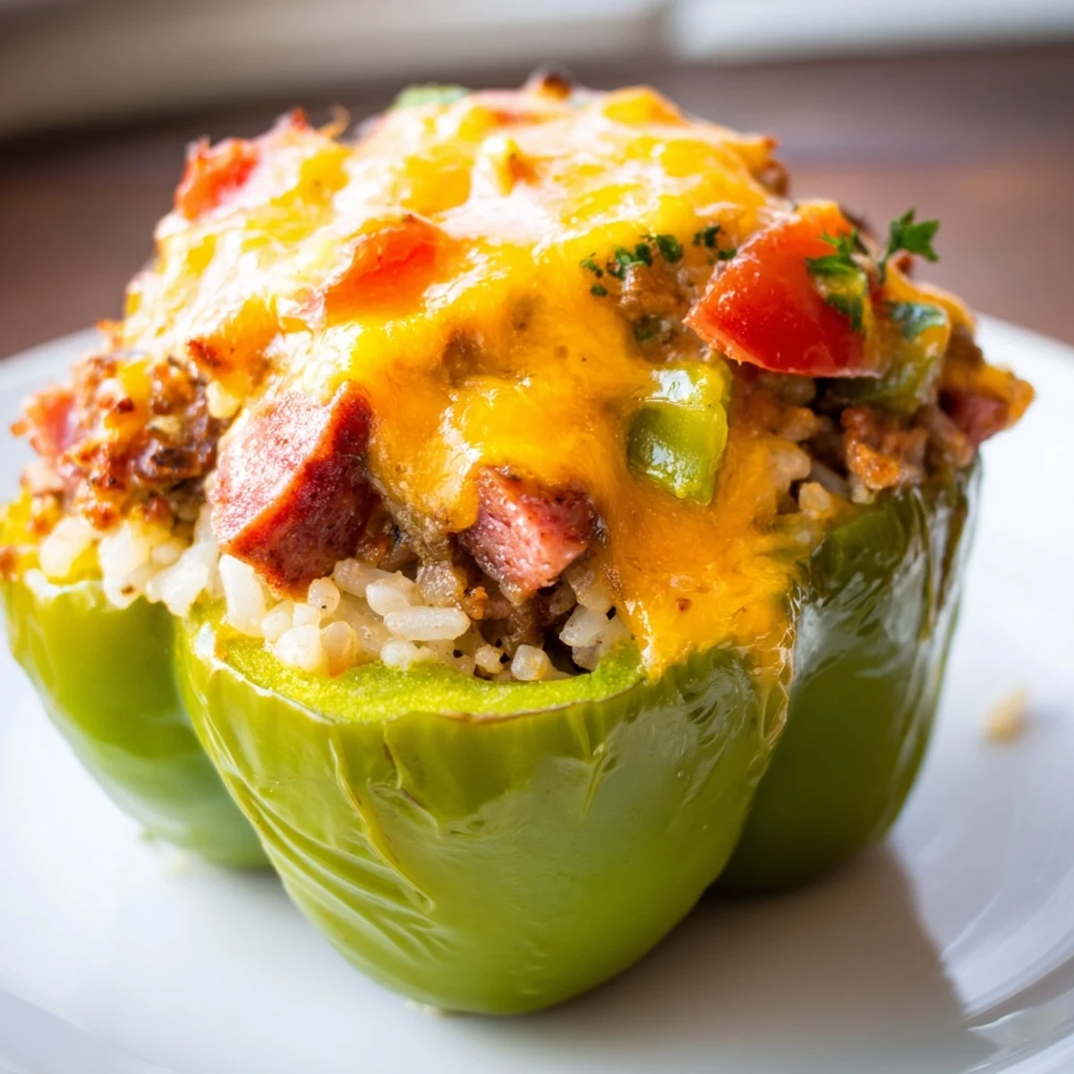 Hearty kielbasa stuffed bell peppers featuring cheesy beef rice filling fresh from the oven with garnish