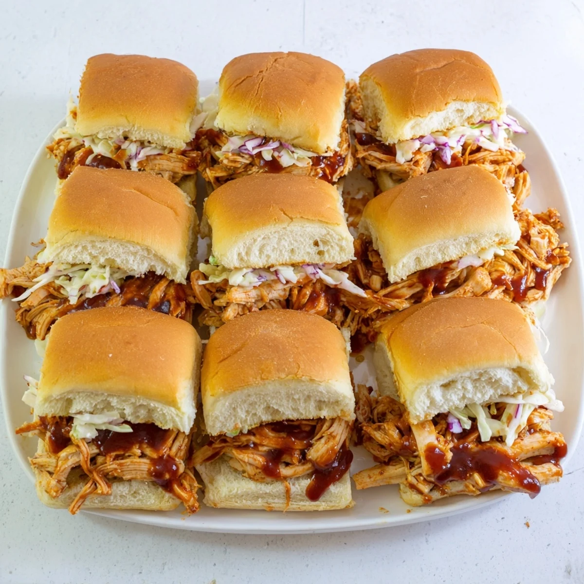 Tender BBQ pulled chicken sliders stacked on sweet Hawaiian rolls with creamy coleslaw