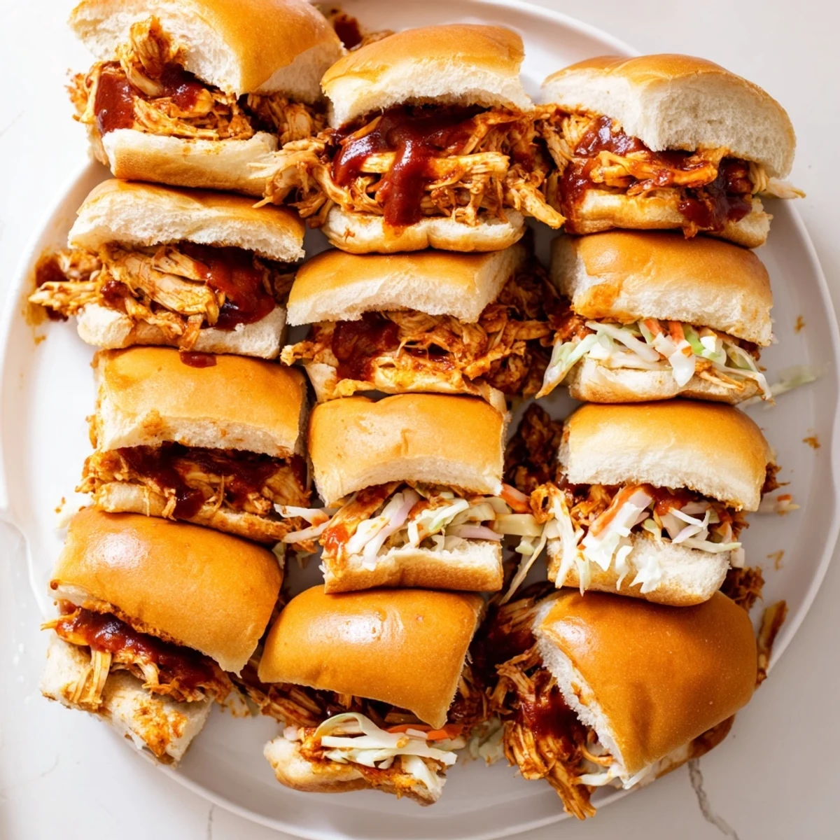 Golden Hawaiian slider rolls piled high with smoky BBQ chicken and crisp toppings