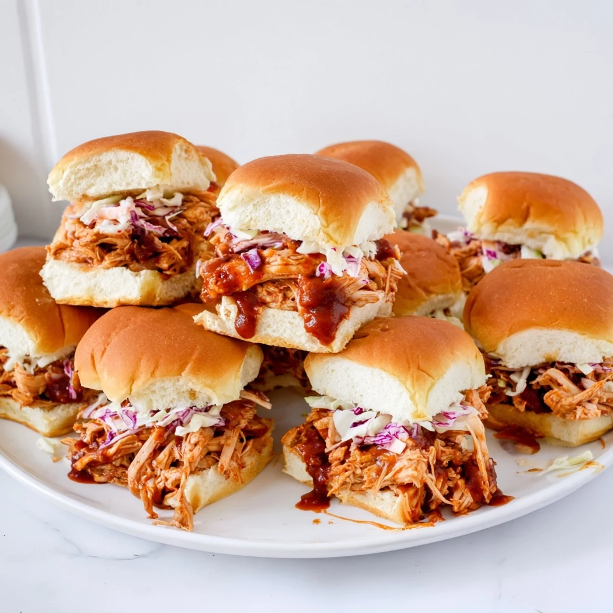 Easy BBQ pulled chicken sandwiches on toasted sweet Hawaiian buns perfect for parties