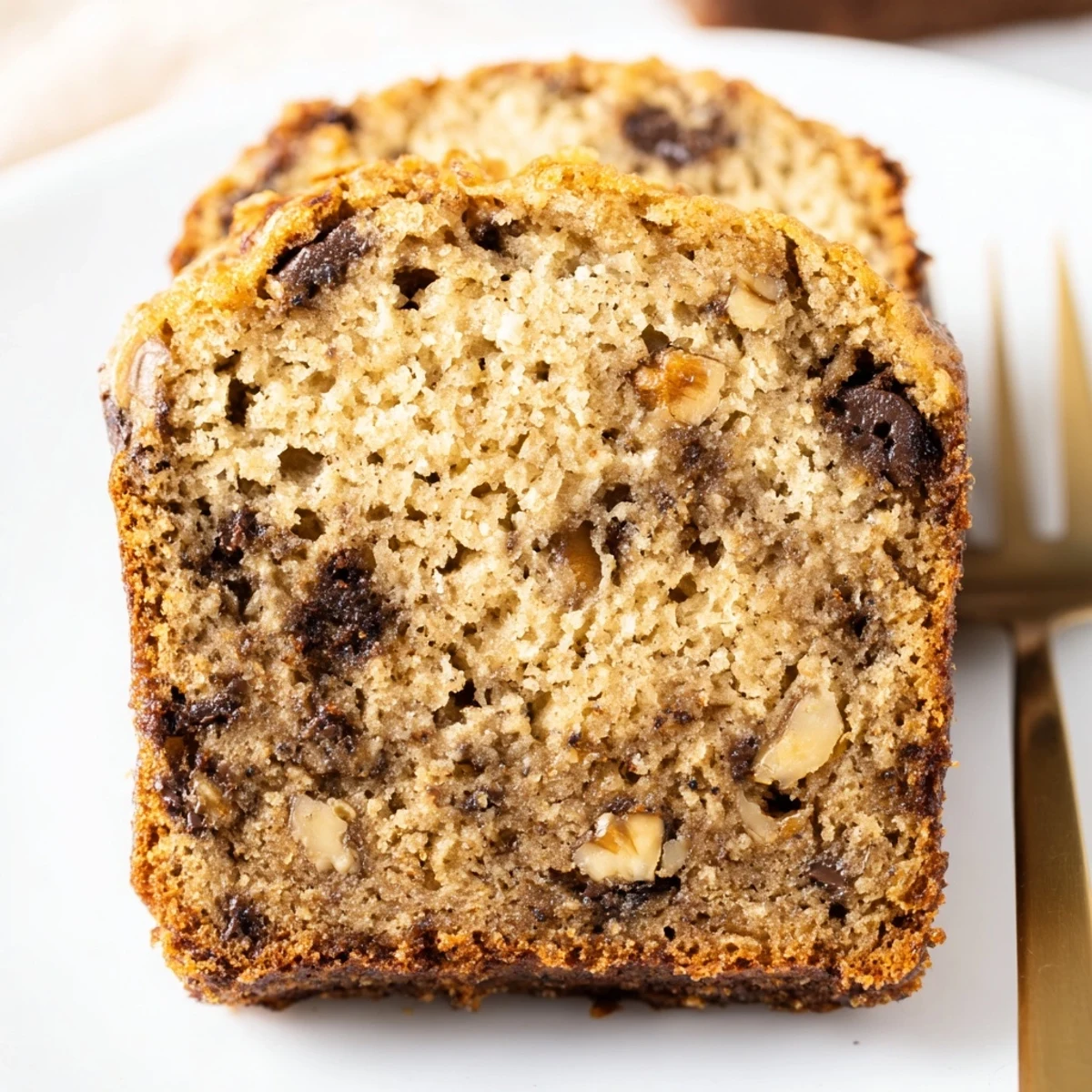 Golden protein banana bread oil free loaf sliced on a wooden board with walnuts