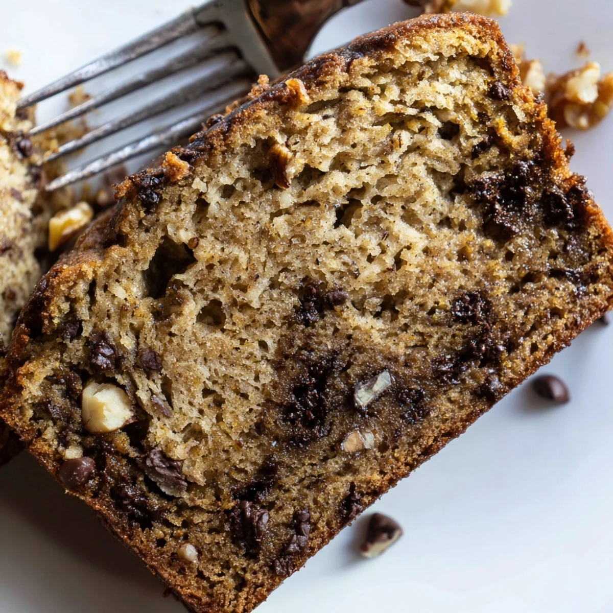 Thick slice of moist protein banana bread oil free topped with dark chocolate chips