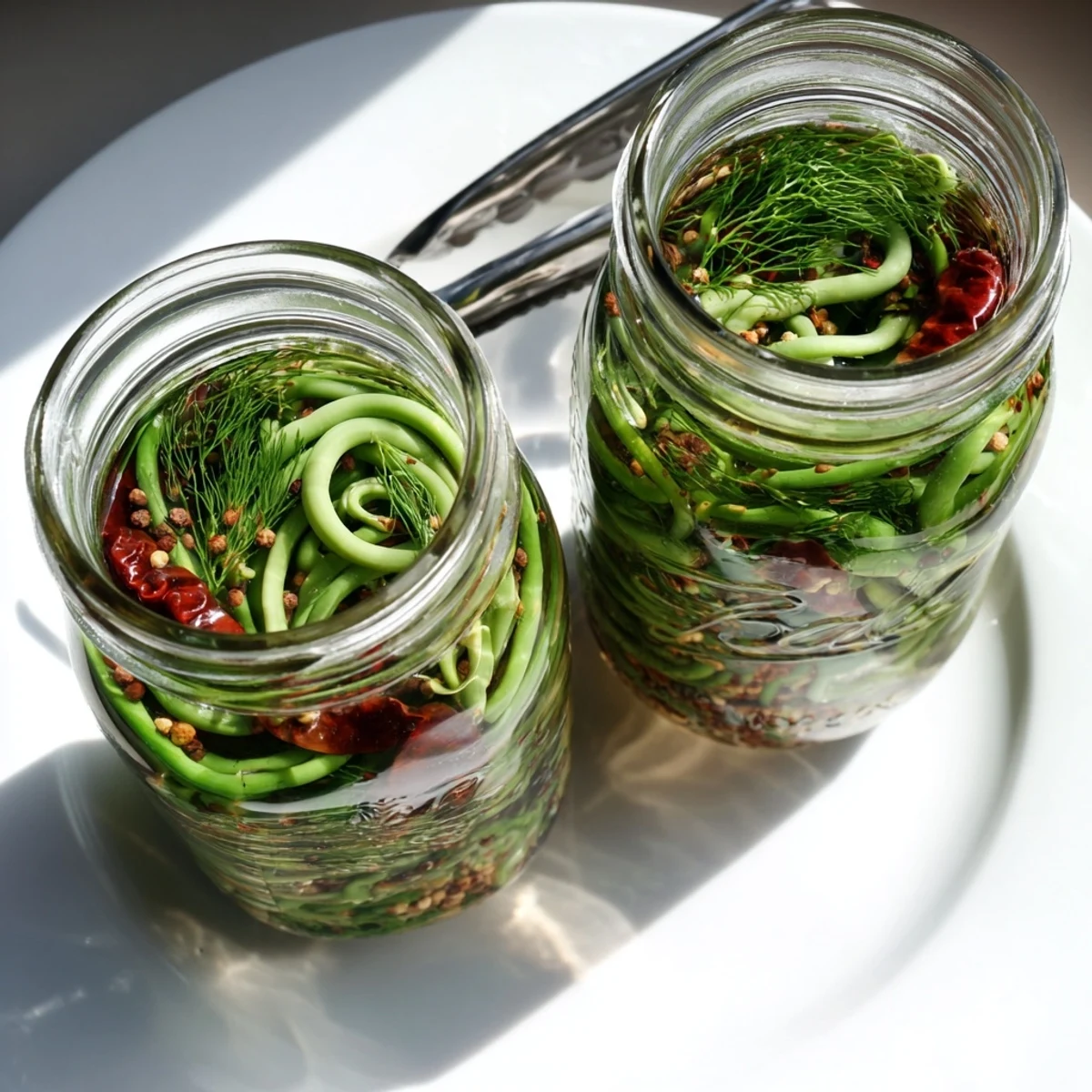 Golden jar of spicy pickled garlic scapes packed in aromatic vinegar brine with visible chili flakes and whole spices