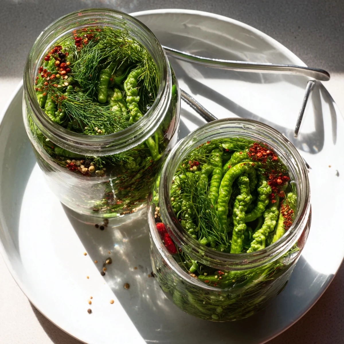 Crunchy curled garlic scapes submerged in tangy vinegar brine with dried chilies and fresh dill sprigs in glass canning jars